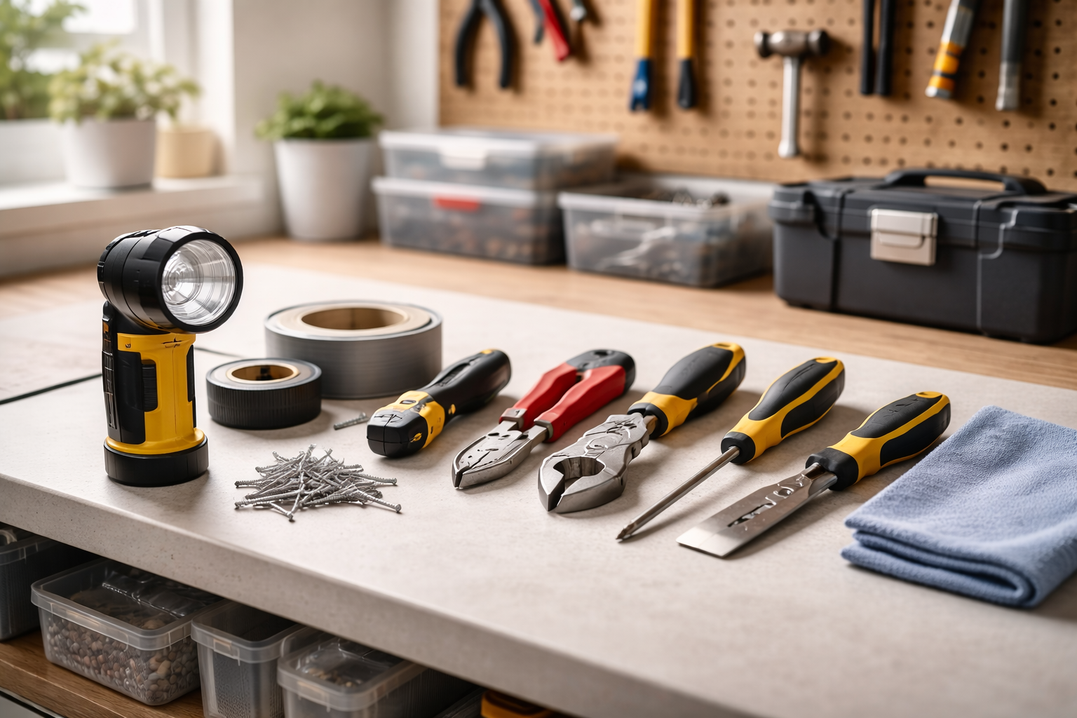 Basic DIY home readiness tools including a drill, pliers, screwdrivers, tape, and fasteners organized on a clean workbench