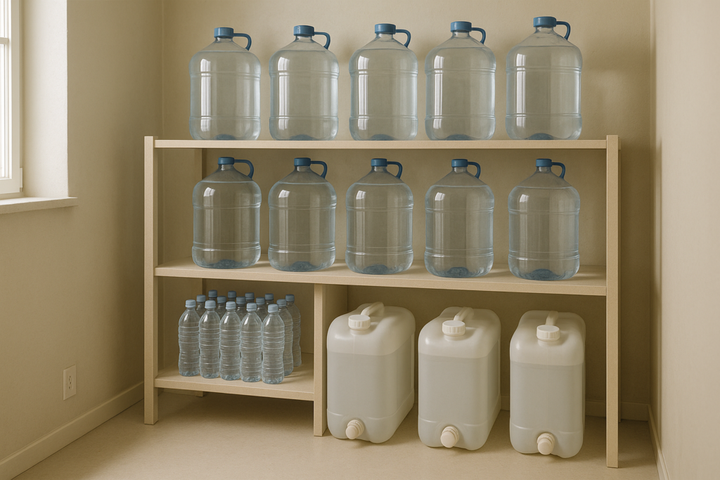 Clean water home storage organized on shelving