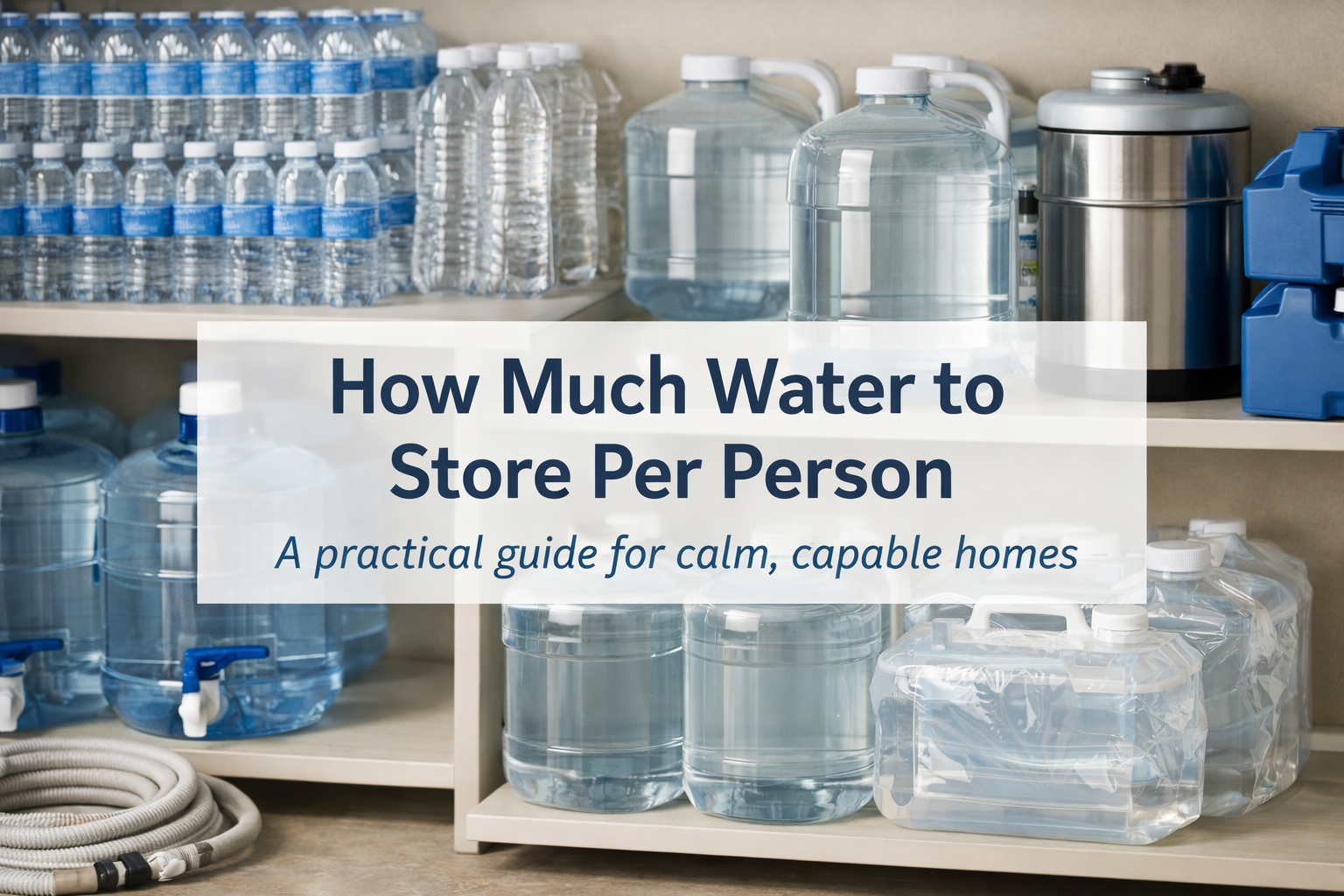 Organized home water storage containers on shelves for emergency and everyday preparedness