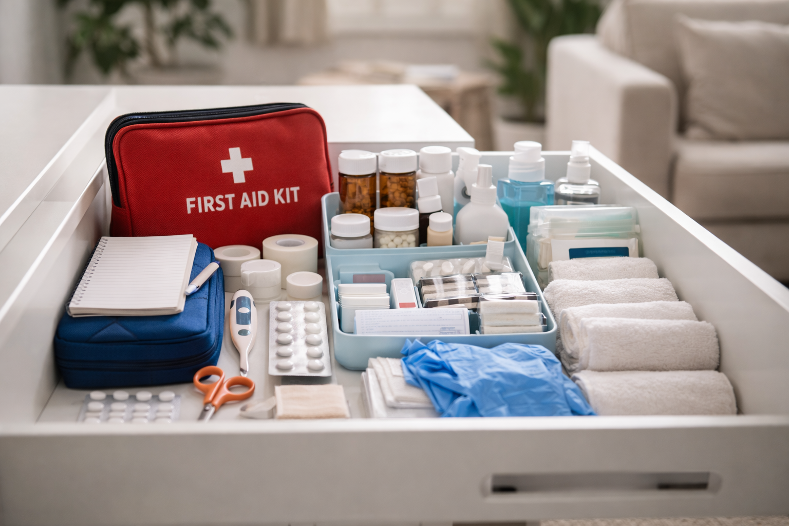 Organized home medical preparedness supplies including a first aid kit, medications, and hygiene items stored neatly in a drawer