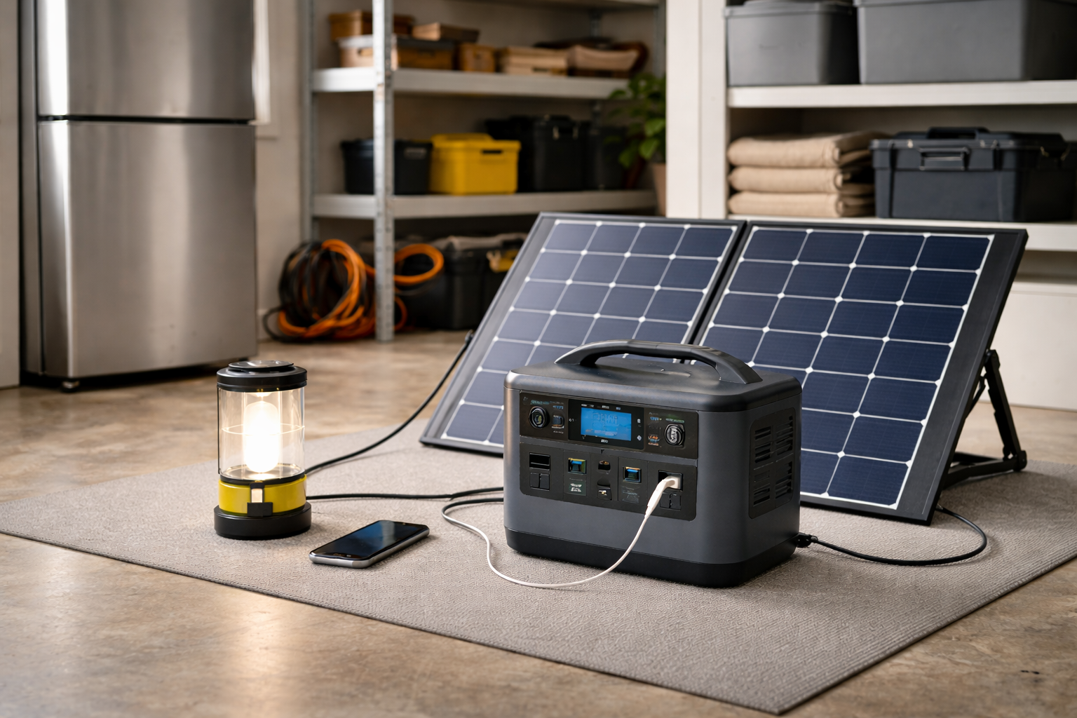 Portable solar generator powering essential devices in a clean home garage during a power outage