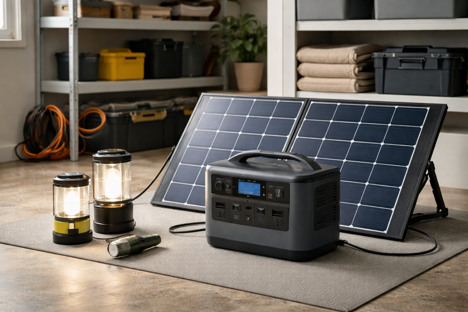 Portable solar generator with backup lighting and solar panels arranged in a clean home garage for emergency power preparedness