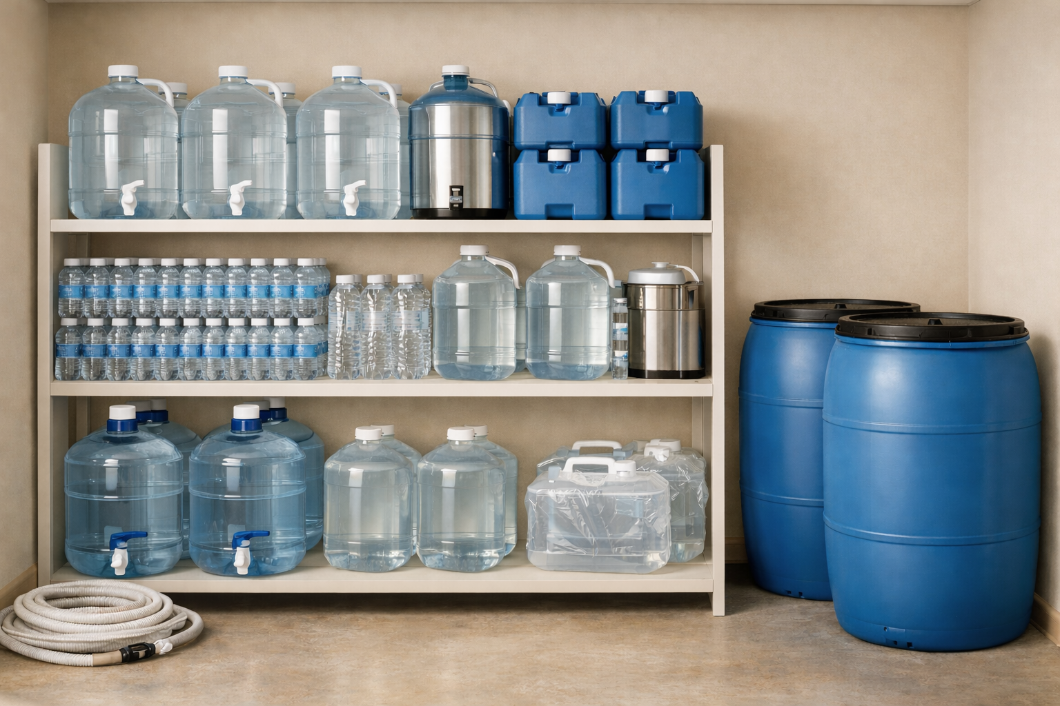 Clean water storage containers organized on shelves in a home utility space